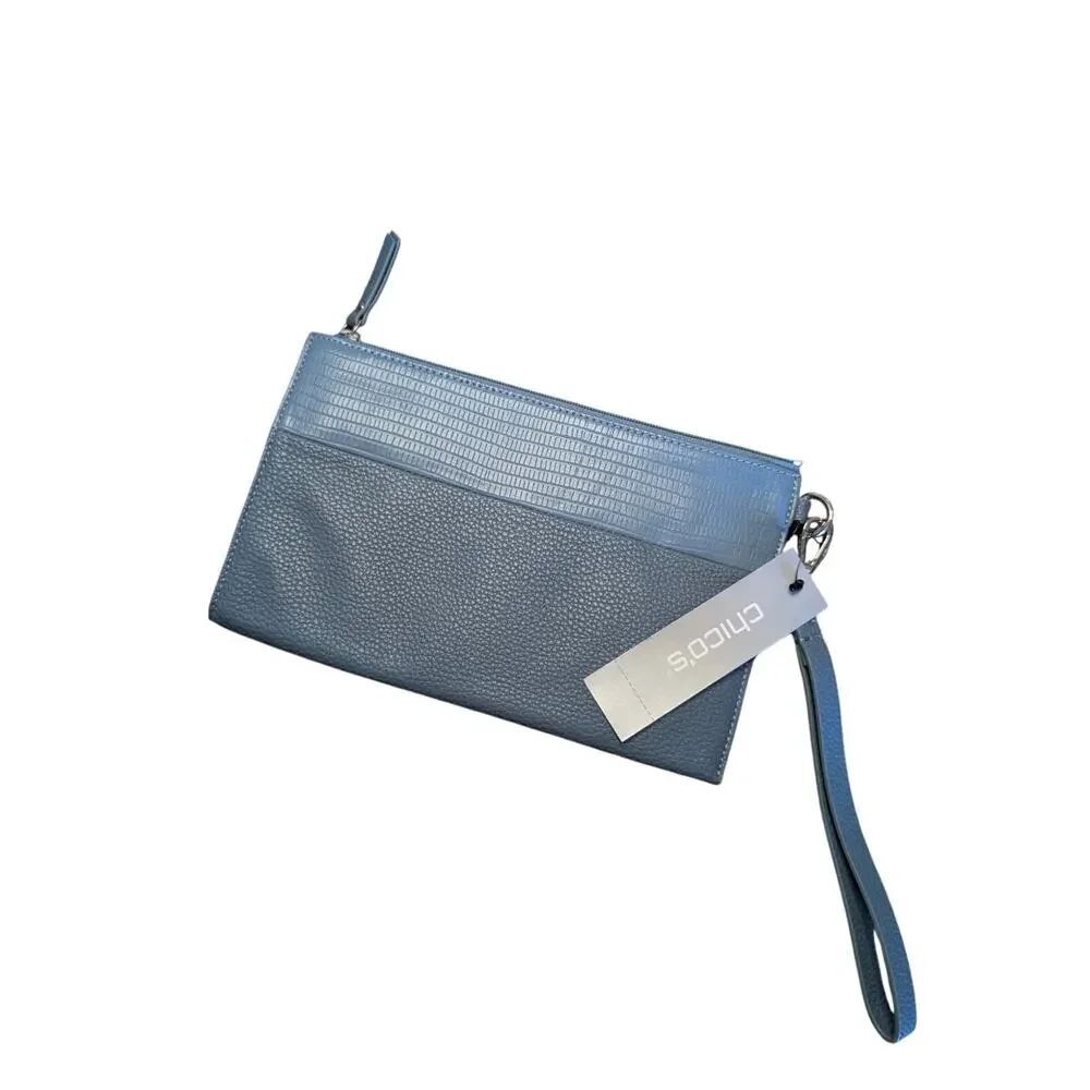 Chico's Women Accessories, Blue Pull Tie Zipper Clutch, Detachable Wrist Strap